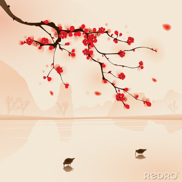 Sticker orientalischen Stil Malerei, Pflaume Blüte im Frühjahr