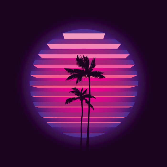 Sticker Original vector illustration in neon style. Palm trees on the background of a neon sunset in the retro style of the 80's. T-shirt design.