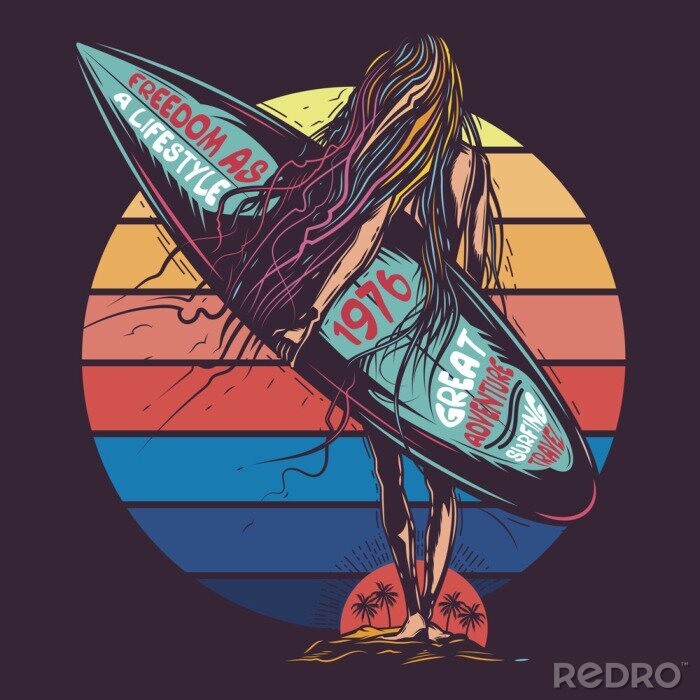 Sticker Original vector illustration, in retro neon style, girl going to the sea, with surfing in hand.
