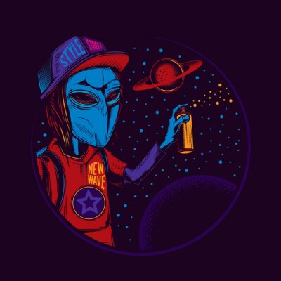Sticker Original vector illustration in vintage neon style. An alien in a cap draws graffiti on the background of space and planets. T-shirt design