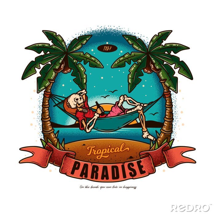 Sticker Original vector illustration in vintage style. Skeleton lying in a hammock with a bottle of beer in his hands, against the palm trees, the sea.