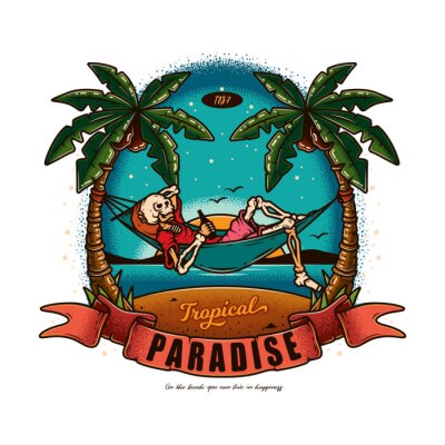 Sticker Original vector illustration in vintage style. Skeleton lying in a hammock with a bottle of beer in his hands, against the palm trees, the sea.