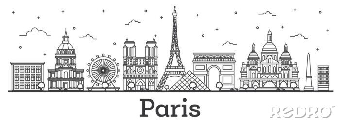 Sticker Outline Paris France City Skyline with Historic Buildings Isolated on White.