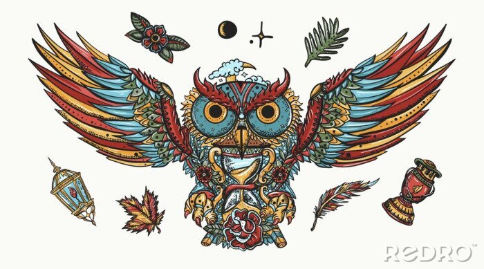 Sticker Owl portrait. Old school tattoo collection. Fairy tale elements.