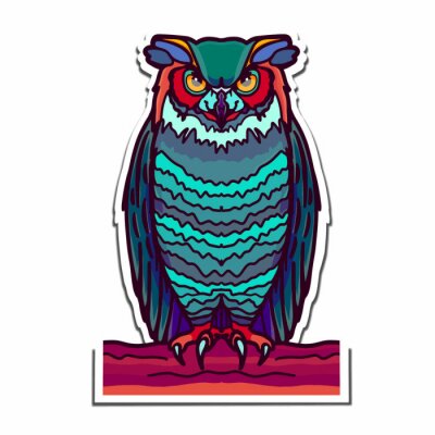 Sticker Owl sticker hand drawn illustration. An evil owl logo sits on a branch.