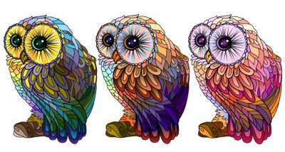 Sticker Owl. Wall sticker. Set of 3 artistic, hand-drawn, decorative multicolored owls on a white background.