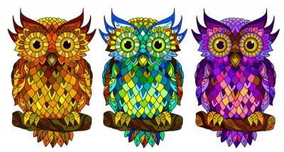 Sticker Owl. Wall sticker. Set of 3 artistic, hand-drawn, decorative multicolored owls on a white background.