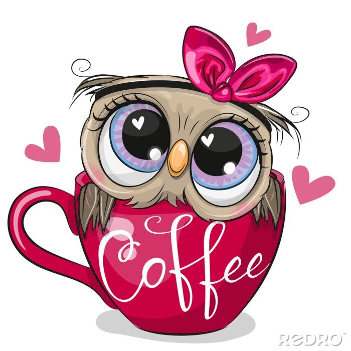 Sticker Owl with a bow is sitting in a Cup of coffee