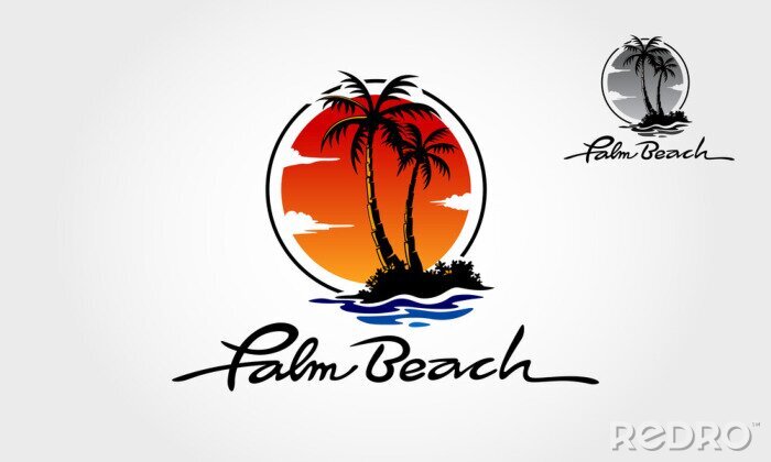 Sticker Palm Beach Logo Template, Water ocean waves with sun, palm tree and beach, for restaurant and hoteling. Palm Beach logo is fully customizable; it can be easily edit to fit your needs.