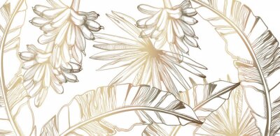 Sticker Palm leaves and bananas pattern golden tropic vector line art. Summer poster exotic decorations