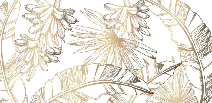 Sticker Palm leaves and bananas pattern golden tropic vector line art. Summer poster exotic decorations