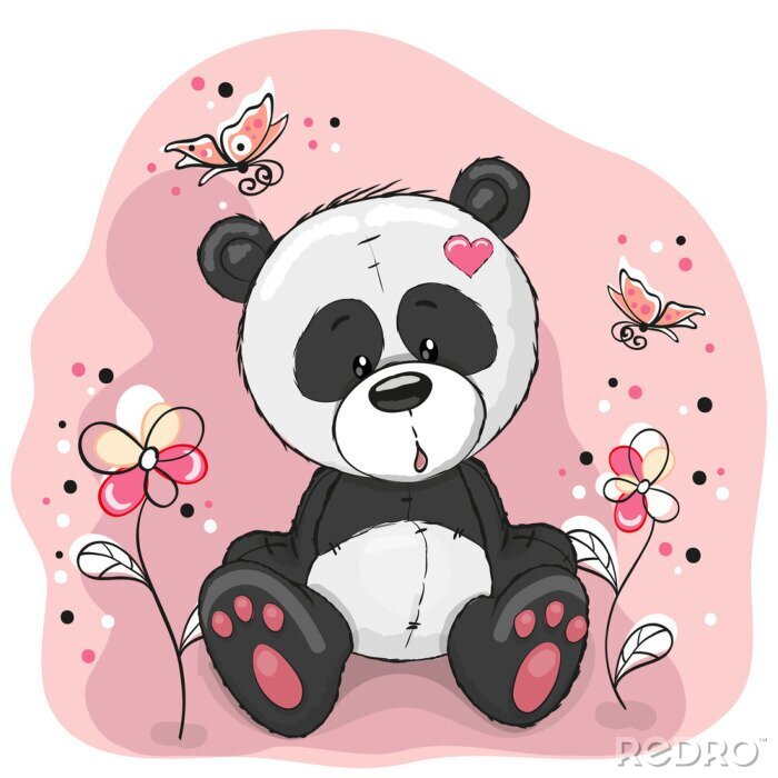 Sticker Pandabär mit Blumen und Schmetterlingen
