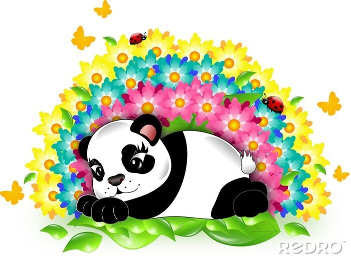 Sticker Pandabär unter einem Regenbogen von Blumen