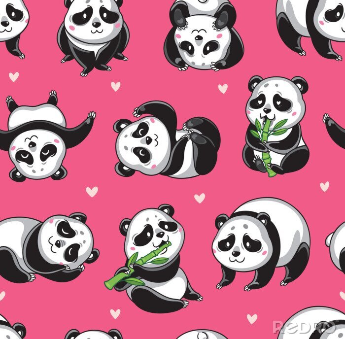 Sticker Pandas mit Bambus auf rosa Hintergrund
