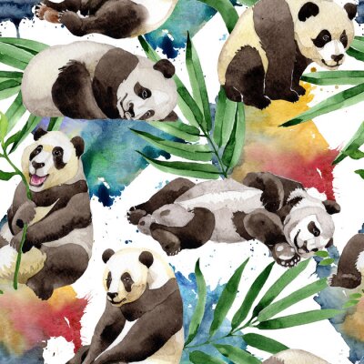Pandas und grüne Blätter auf einem Aquarellhintergrund
