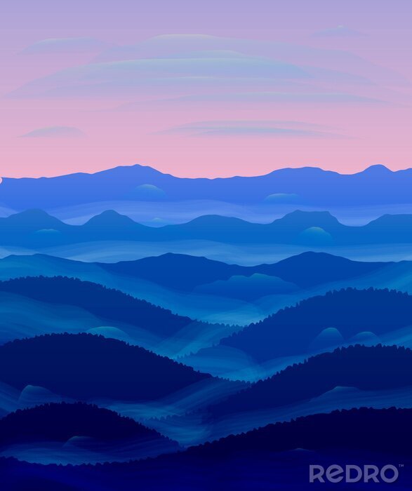 Sticker Panorama der Hügel. Sonnenuntergang. Nebel.