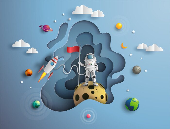 Sticker Paper art style of astronaut raising flag on moon with spacecraft, flat-style vector illustration