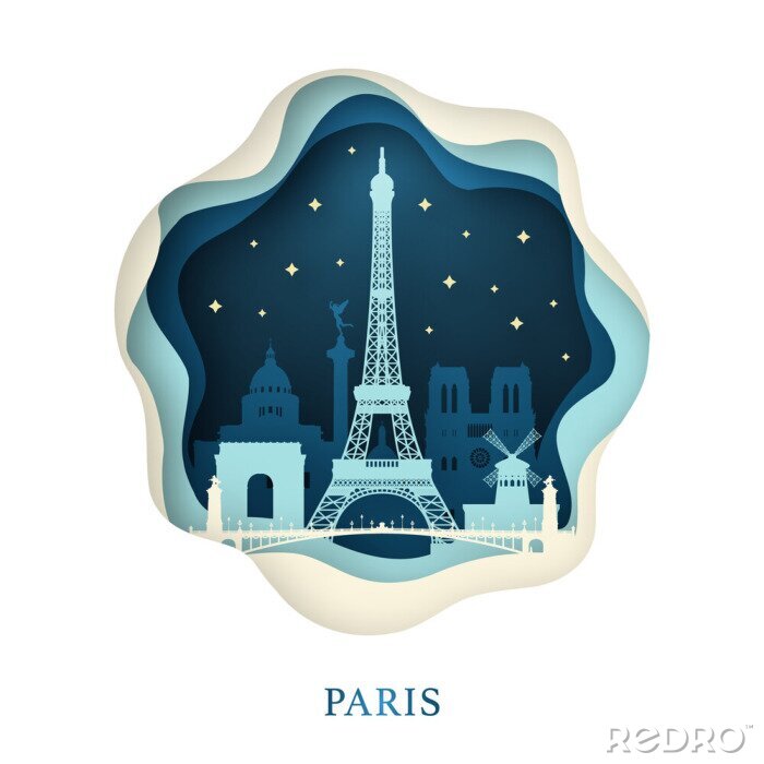 Sticker Papierkunst von Paris. Origami-Konzept. Nachtstadt mit Sternen. Vektor-Illustration.