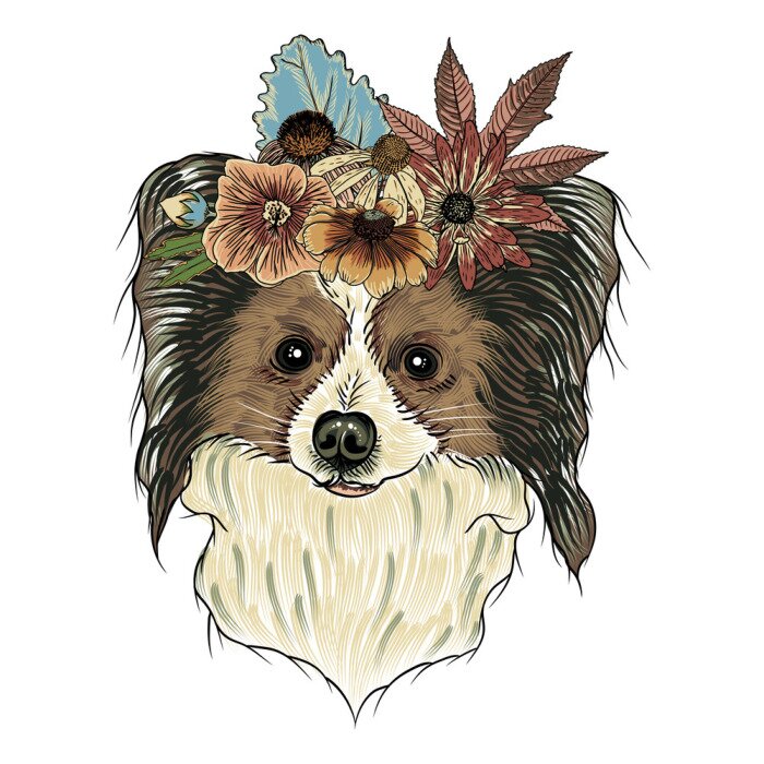 Sticker Papillon Welpen in der exotischen Blume Rosen Kranz Krone. Tätowierungs - oder T - Shirt - Kleidplakat boho Chichundportraitkonzept. Mode-Illustration. Hand gezeichnet Haushund Vektor.