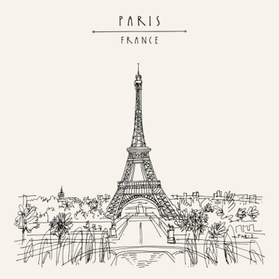 Sticker  Paris, France, Europe. Eiffel Tower. Artistic hand drawing in retro style. European travel sketch. Vintage hand drawn touristic postcard, poster or book illustration in vector