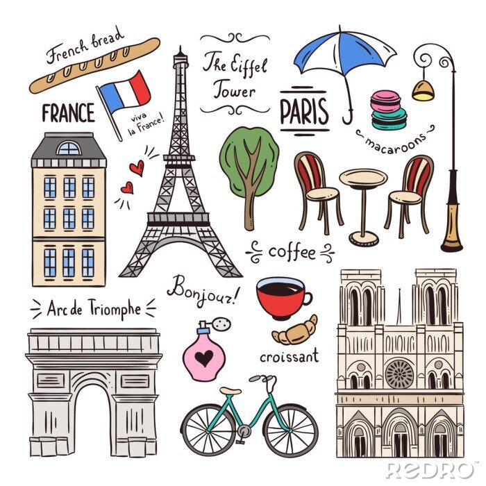Sticker Paris Hand gezeichnete Illustration. Frankreich Icons und Objekte. Reisegekritzel für Paris