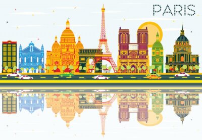 Sticker Paris Skyline mit Farbe Gebäude, Blauer Himmel und Reflexionen.