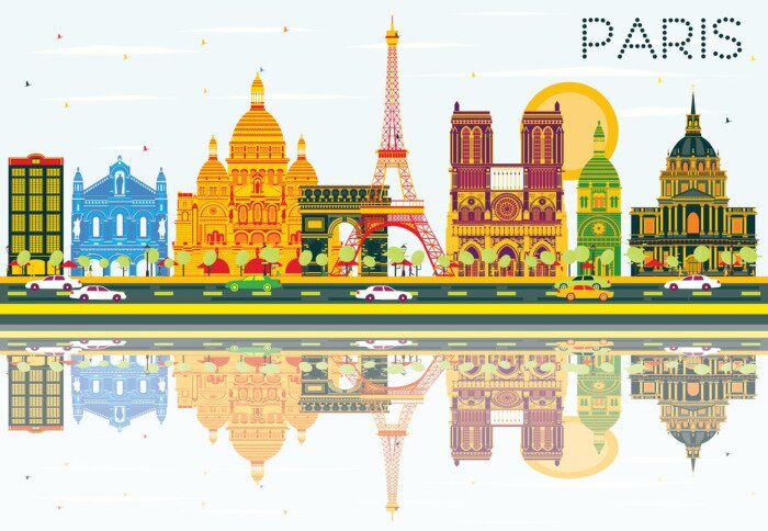 Sticker Paris Skyline mit Farbe Gebäude, Blauer Himmel und Reflexionen.