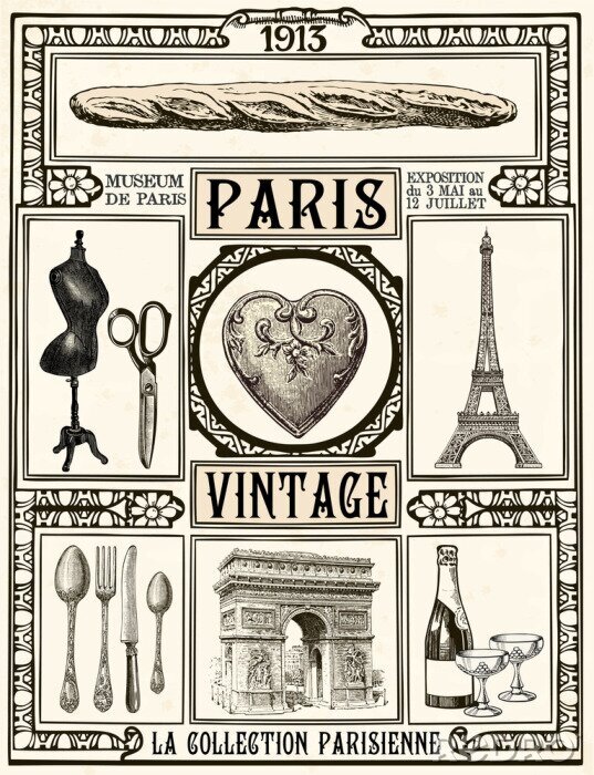 Sticker Pariser Illustrationen im Vintage-Stil