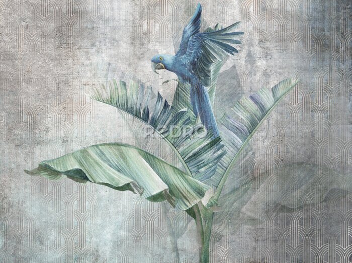 Sticker Parrot on big banana leaves. Grunge photo wallpaper with abstract elements . for wallpaper, fresco, mural, poster, card.