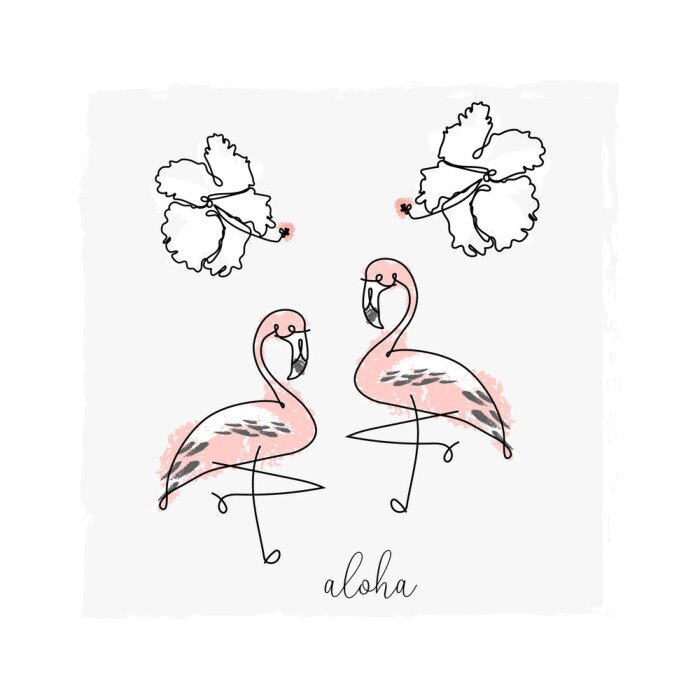 Sticker Pastellfarbene Flamingos mit Hibiskus