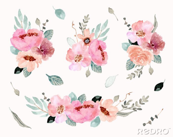 Sticker Pastellfarbene florale Illustrationen auf weißem Hintergrund