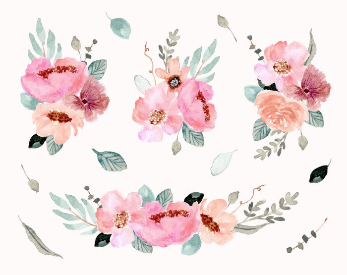 Sticker Pastellfarbene florale Illustrationen auf weißem Hintergrund