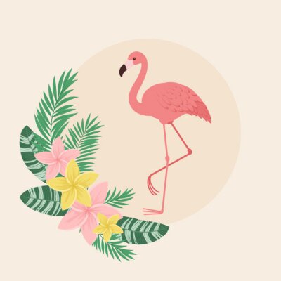 Sticker Pastellfarbener Flamingo mit Hibiskus