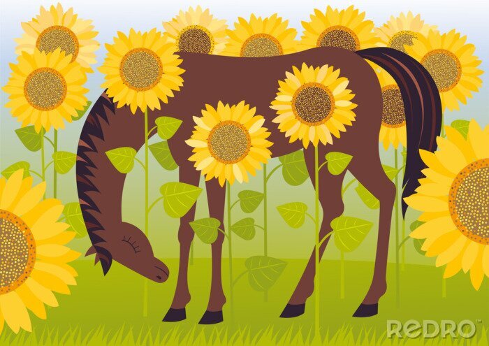 Sticker Pferde Reitpferd mit gesenktem Kopf und hohe Sonnenblumen