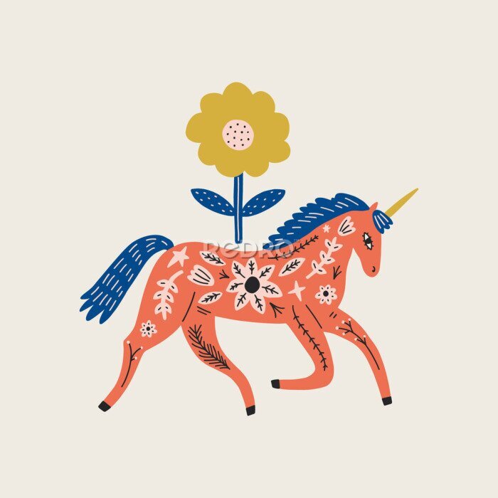 Sticker Pferde- und Blumen-Scandi-Illustration