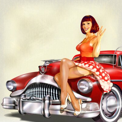 Sticker Pin-up girl and retro car isolated on white background