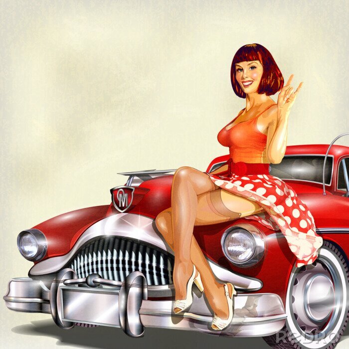 Sticker Pin-up girl and retro car isolated on white background