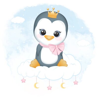 Sticker Pinguin mit Krone auf einer Wolke sitzend