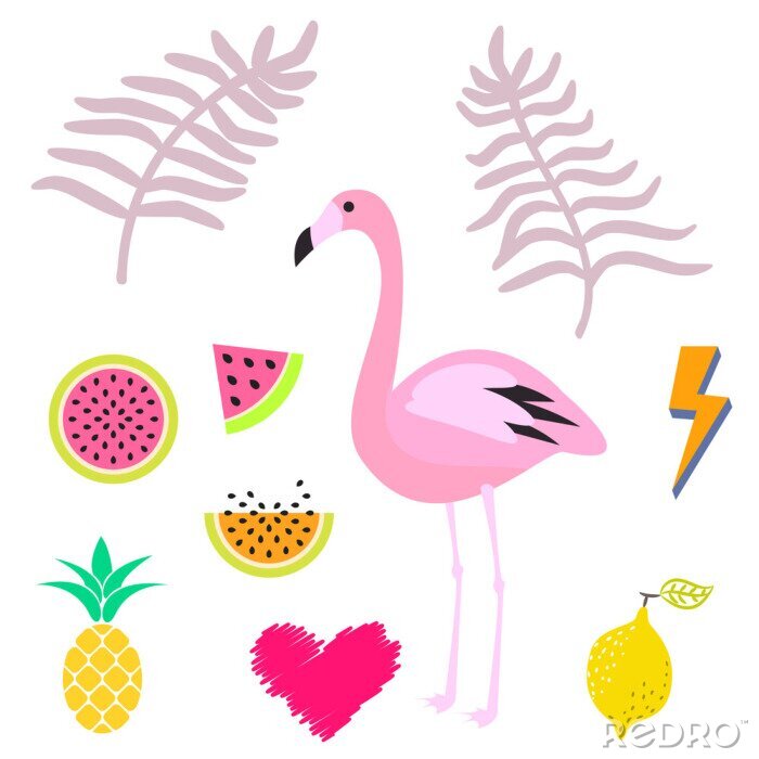 Sticker Pink Flamingo und tropische Früchte