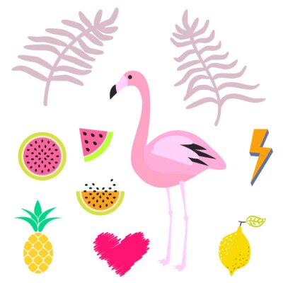 Sticker Pink Flamingo und tropische Früchte