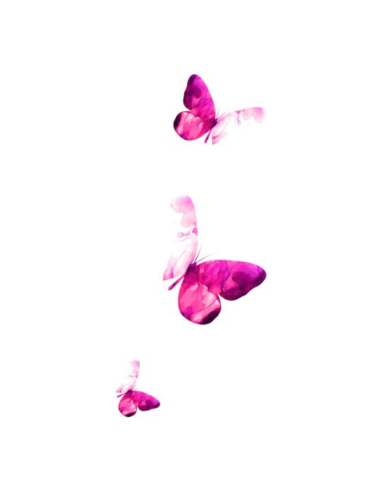 Sticker Pink flying butterflies in watercolor. Mixed media. Vector illustration