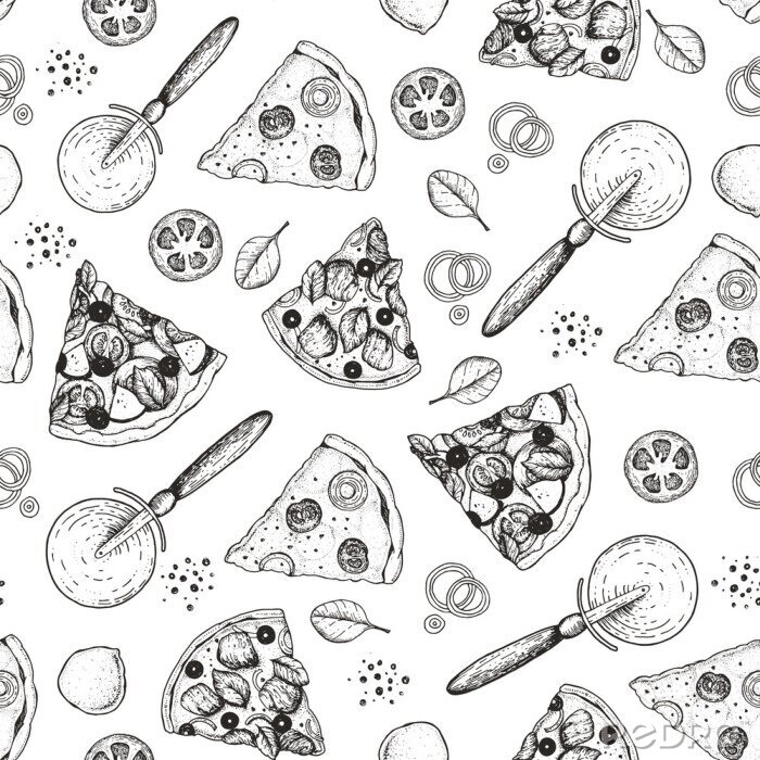 Sticker Pizzastücke und Zutaten auf weißem Hintergrund skizziert