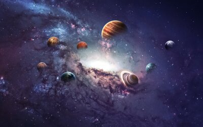 Fototapete Planeten und eine Galaxie vor Sternen und violettem Himmel