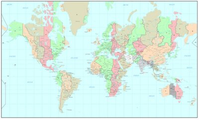 Sticker Politische Weltkarte mit Zeitzonen