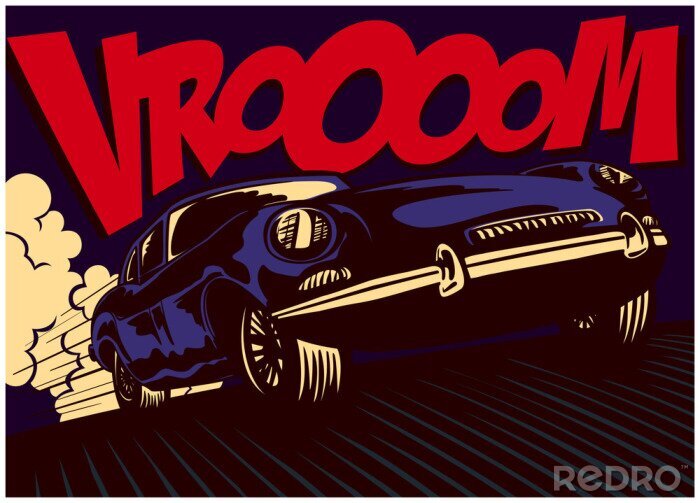 Sticker Pop-Art-Comic-Stil schnelle Sportwagen fahren mit voller Geschwindigkeit mit Vrooom onomatopoeia Vektor-Illustration Poster-Design