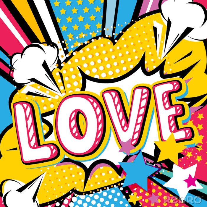 Sticker Popkunst Liebe zitieren Art. Bang, Explosion dekorative Halbton-Poster-Vorlage Vektor-Illustration.