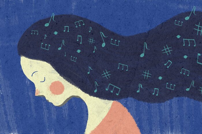 Sticker Porträt eines Mädchens mit Noten im Haar