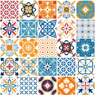 Portugal nahtloses Muster. Vintage mediterrane Keramikfliesen Textur. Geometrische Fliesenmuster und Wanddrucktexturenvektorsatz