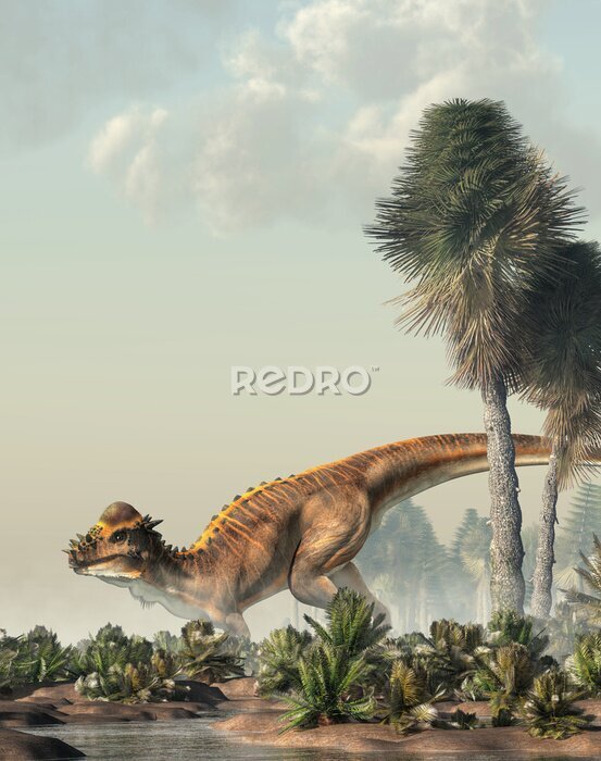 Sticker Prähistorisches Raubtier in den Feuchtgebieten spazierend