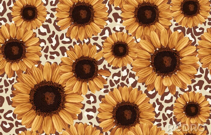 Sticker Printable seamless vintage autumn repeat pattern background with sunflowers. Botanical wallpaper, raster illustration in super High resolution.